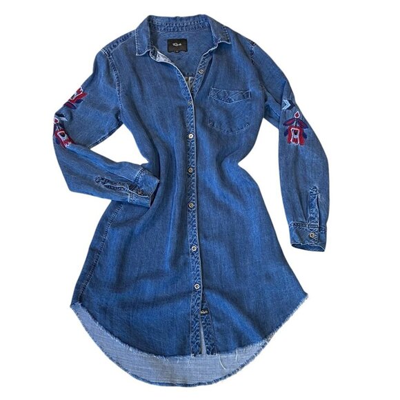 RAILS Chambray Blue Denim Shirt-Dress Raw Hem Embroidered Sz S #103W - Picture 1 of 13